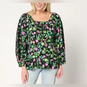 Adrienne Vittadini Floral Black and Pink Women's Blouse 3X